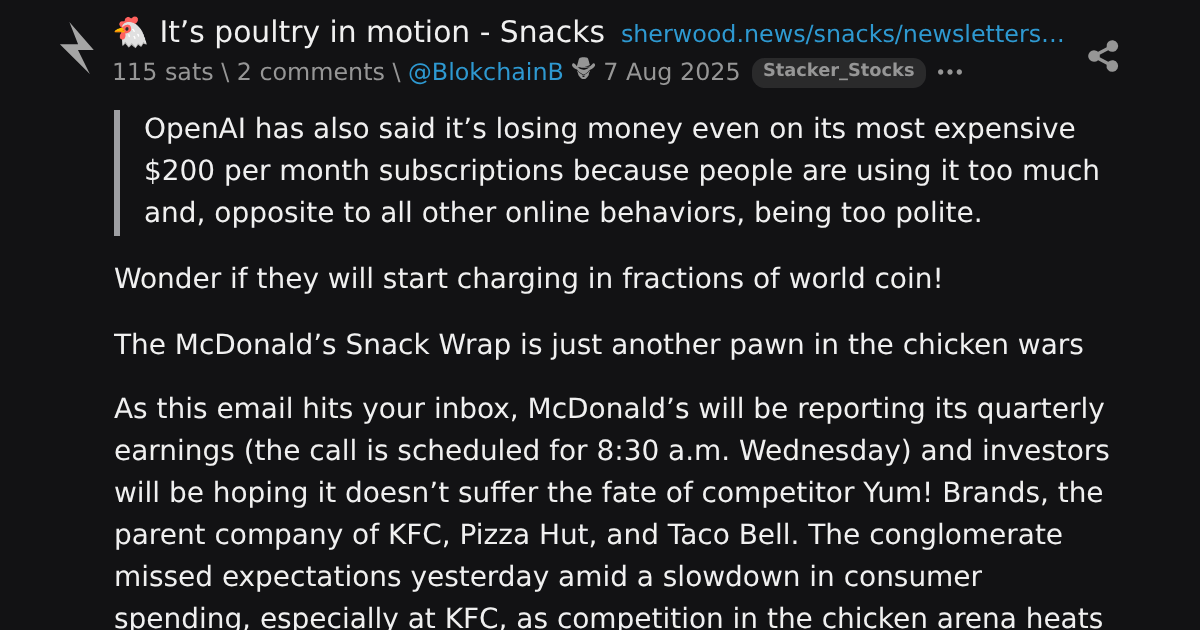🐔 It’s poultry in motion - Snacks \ stacker news ~Stacker_Stocks