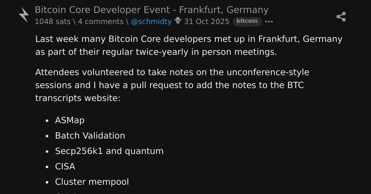 Bitcoin Core Developer Event - Frankfurt, Germany \ stacker news ~bitcoin
