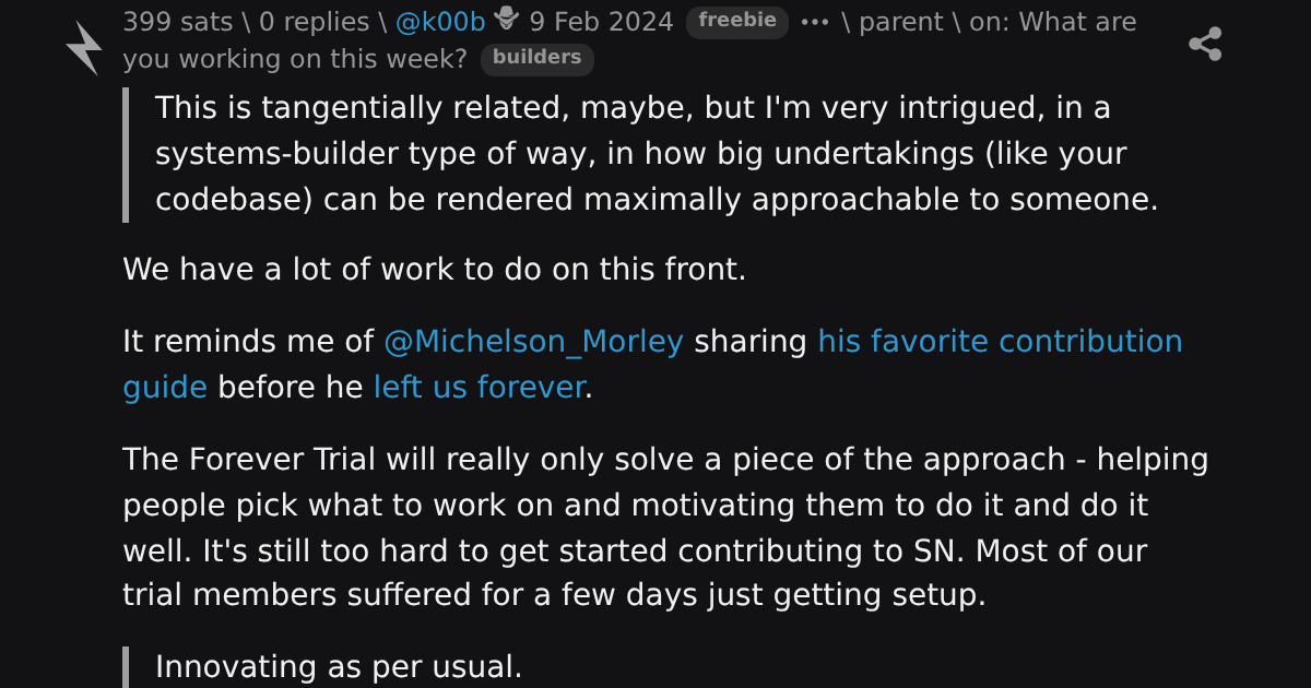 reply on: What are you working on this week? \ stacker news ~builders