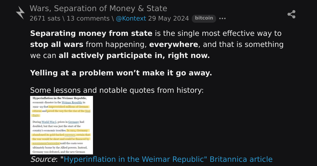 Wars, Separation of Money & State \ stacker news
