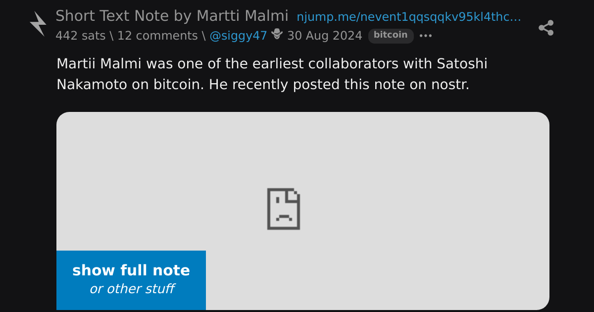 Short Text Note by Martti Malmi \ stacker news ~bitcoin