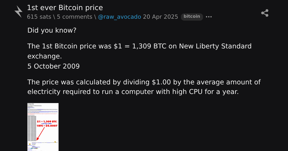 1st ever Bitcoin price \ stacker news