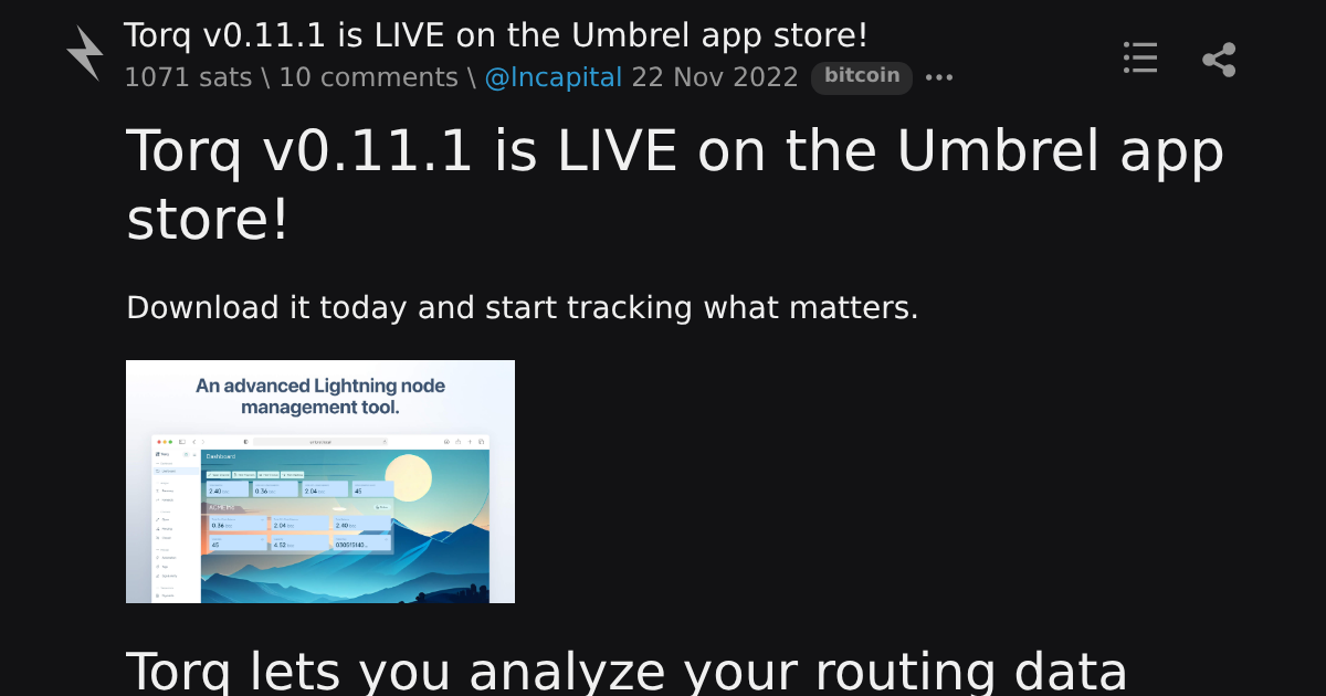 Torq v0.11.1 is LIVE on the Umbrel app store! \ stacker news